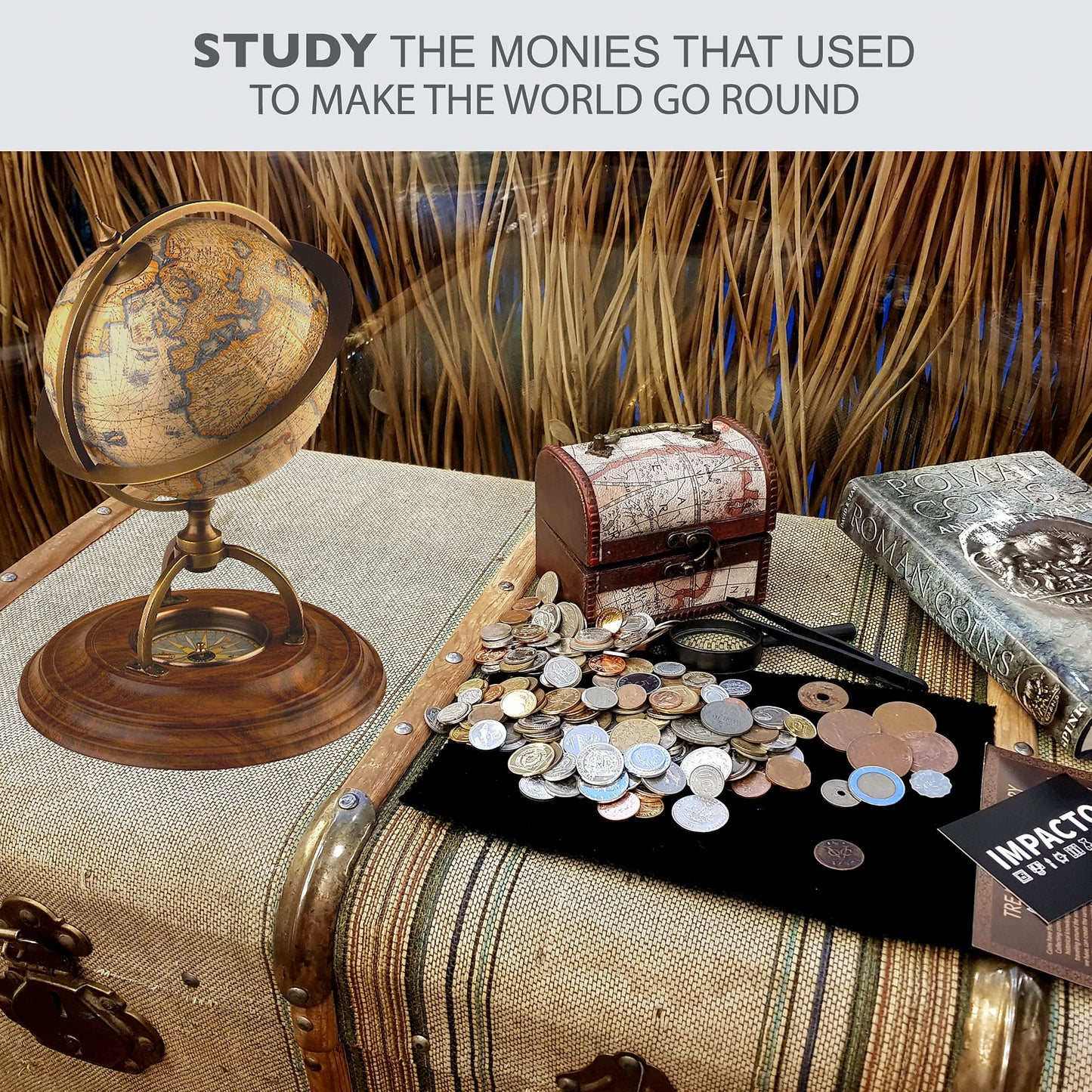 IMPACTO COLECCIONABLES Coin Collection - World Currency Treasure Chest with 2Lb. - Collectible Circulated Coins - 4.7 x 3.5 x 3.5 Decorative Wooden Box - Antique Coins for Collectors (COA Included)