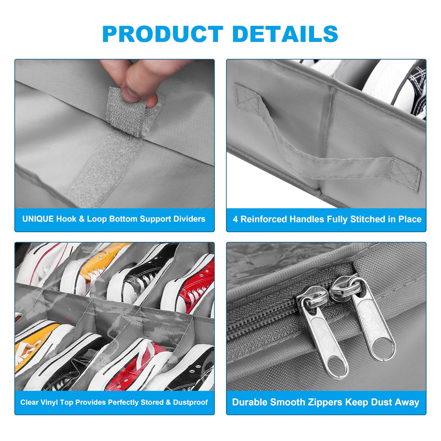 INAYA Under Bed Shoe Storage Organizer Set of 2, Fits 32 Pairs, Underbed Shoe Box Storage Containers Adjustable Dividers w/Bottom Support, Clear Foldable Shoes Storage w/Reinforced Handles