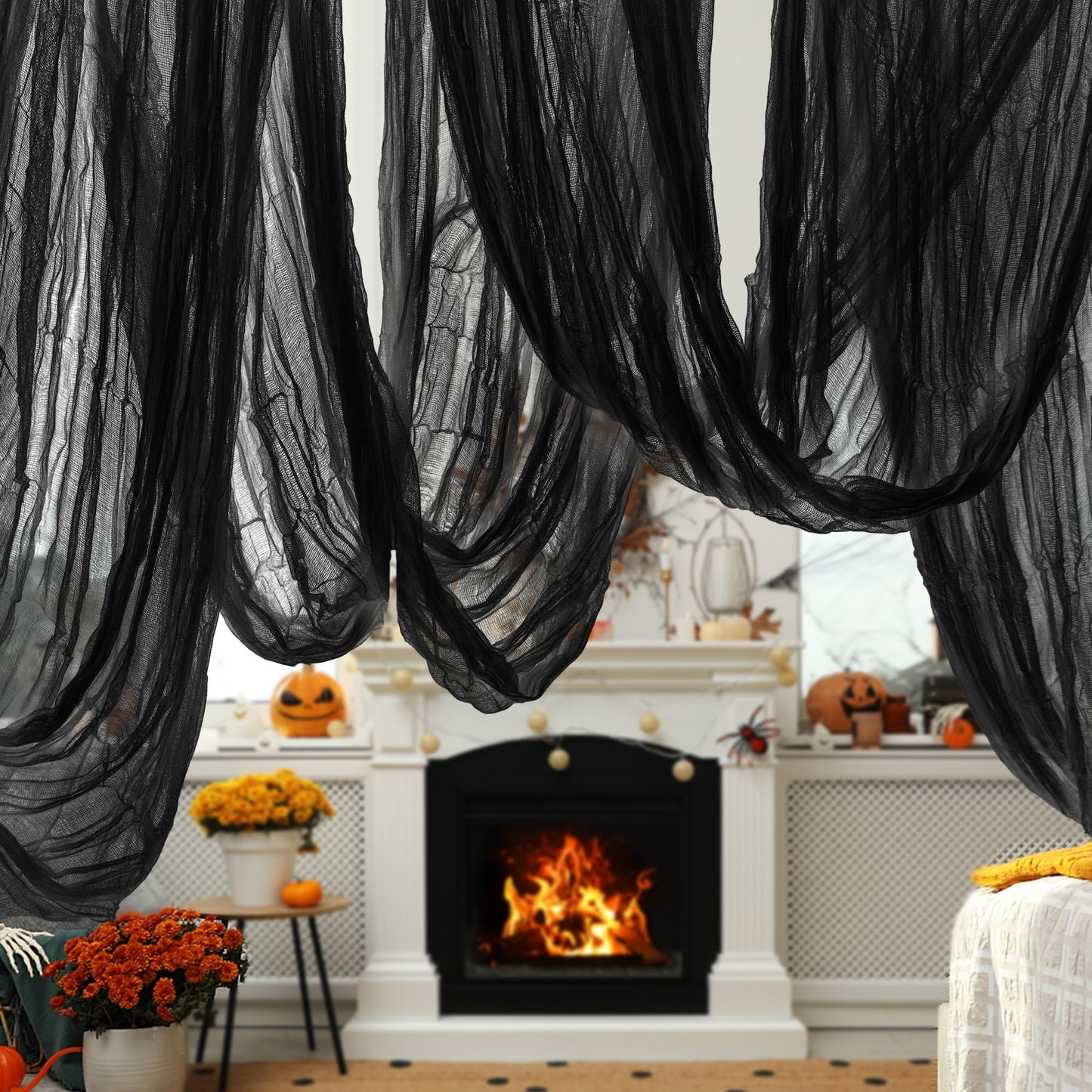 600" x 85" Creepy Halloween Cloth - Black Spooky Fabric - Large Creepy Halloween Decorations for Haunted House, Window Backdrops, Garden Party, Yard, Wall, Doorway