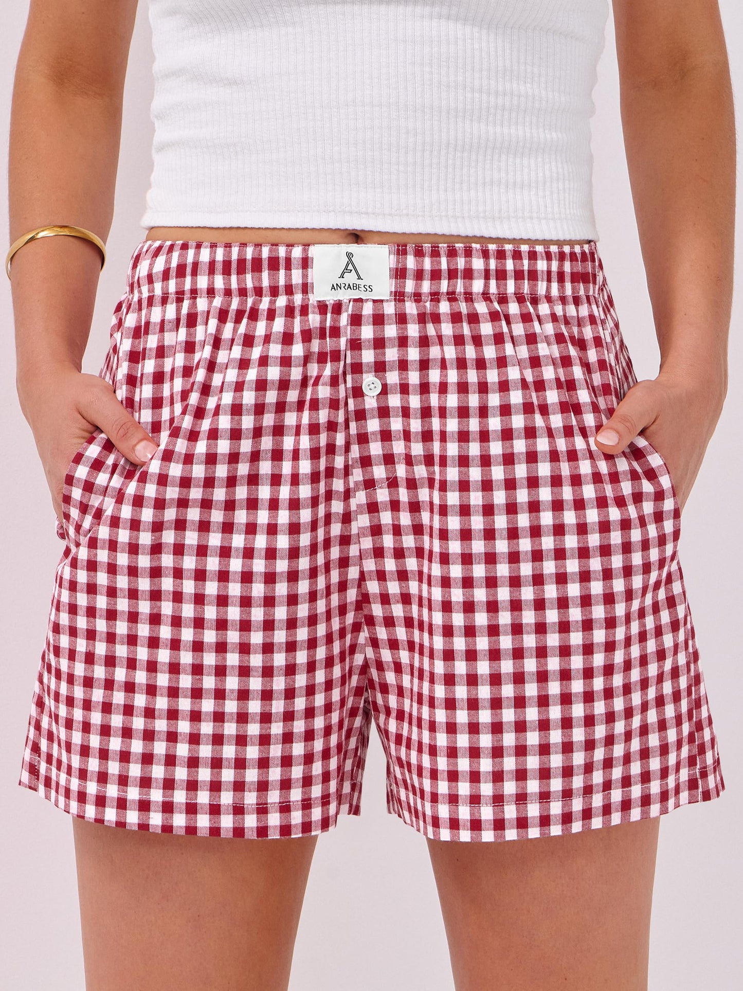 ANRABESS Boxer Shorts for Women Gingham Pajama 2025 Summer Casual Lounge Sleep Plaid Shorts Y2K Beach Bottoms Red White Plaid Medium