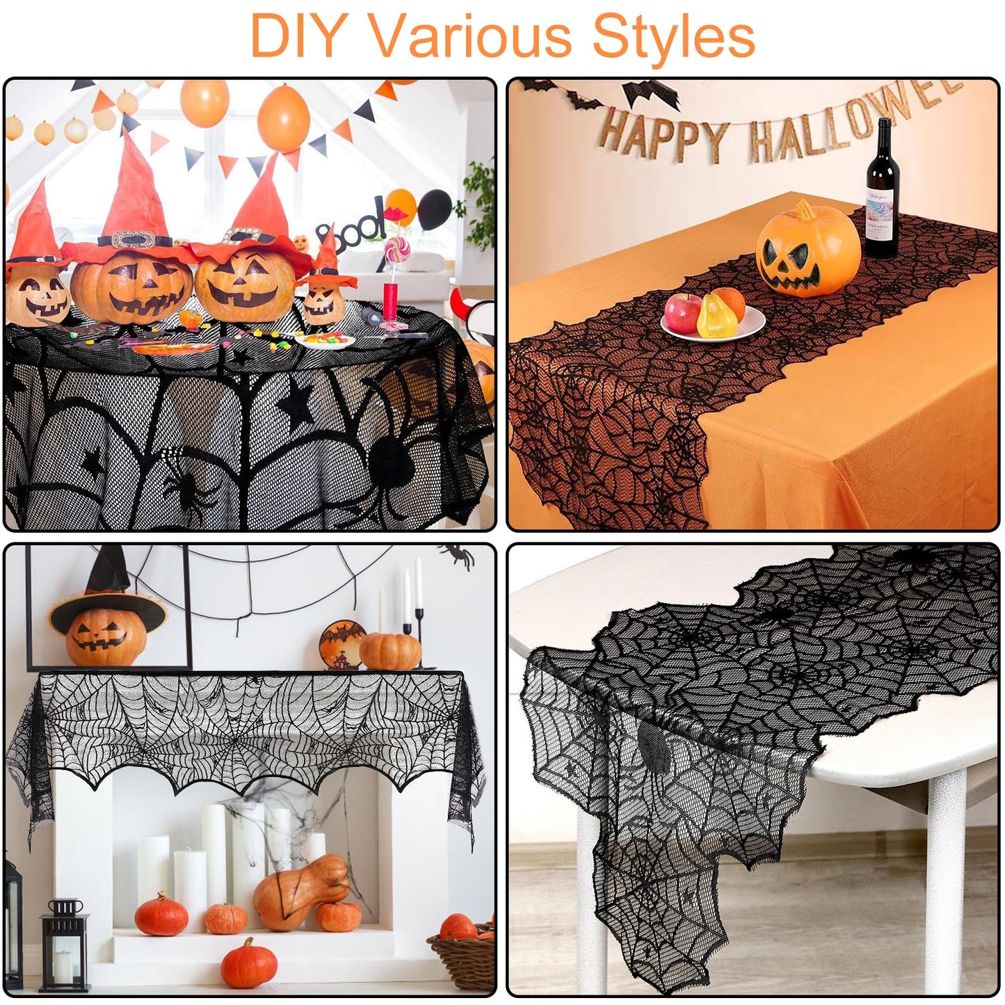 5Pack Halloween Decorations Indoor Halloween Spider Web Tablecloth Table Runners Fireplace Mantel Scarf Cobweb Lampshade Scary 3D Bats for Halloween Spooky Home Decor