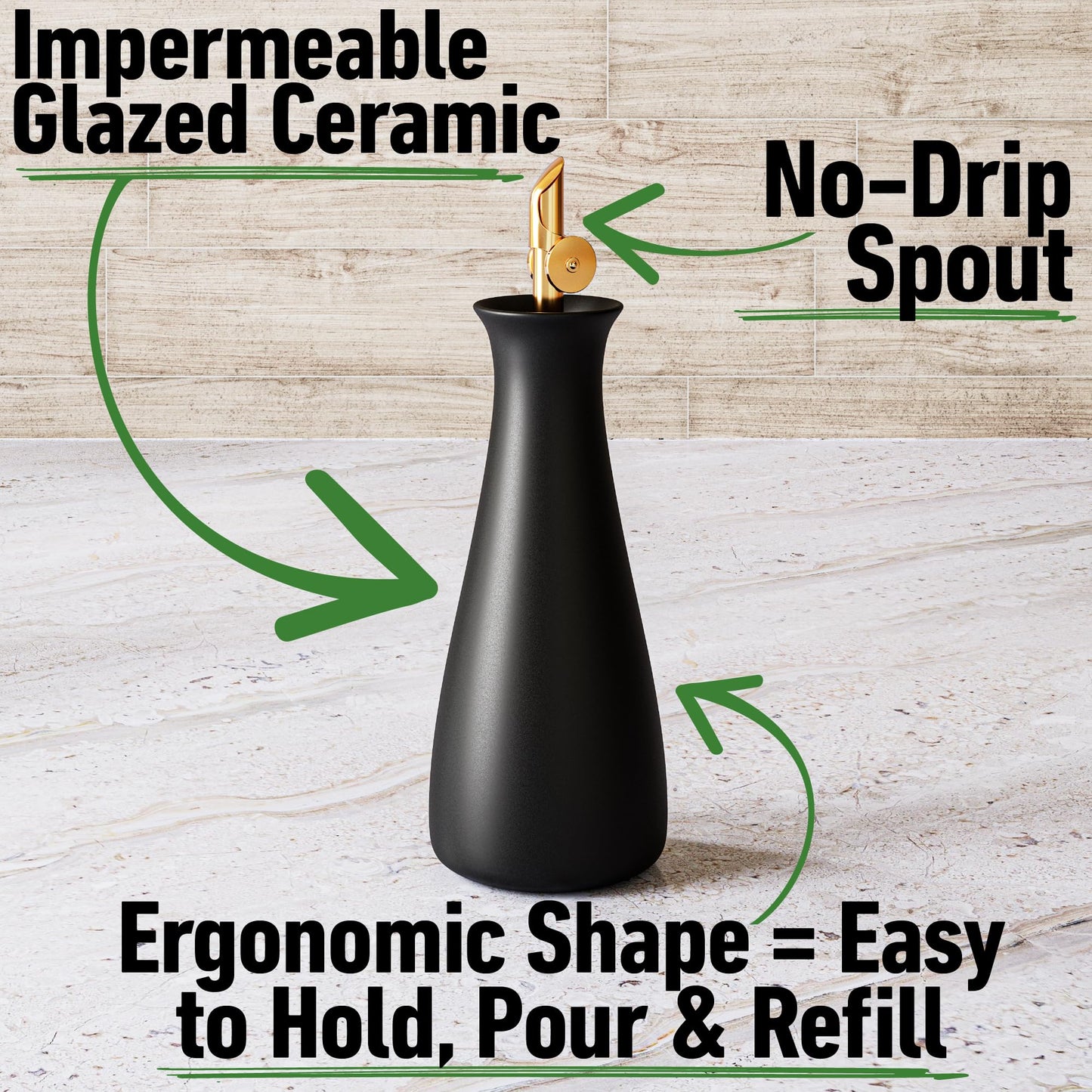 HB Design Co. Ceramic Olive Oil Dispenser with Self-Closing Gold Spout - 530 ML Capacity Matte White Ceramic Oil Dispenser for Kitchen - Leak Proof EVOO Dispensing Bottle