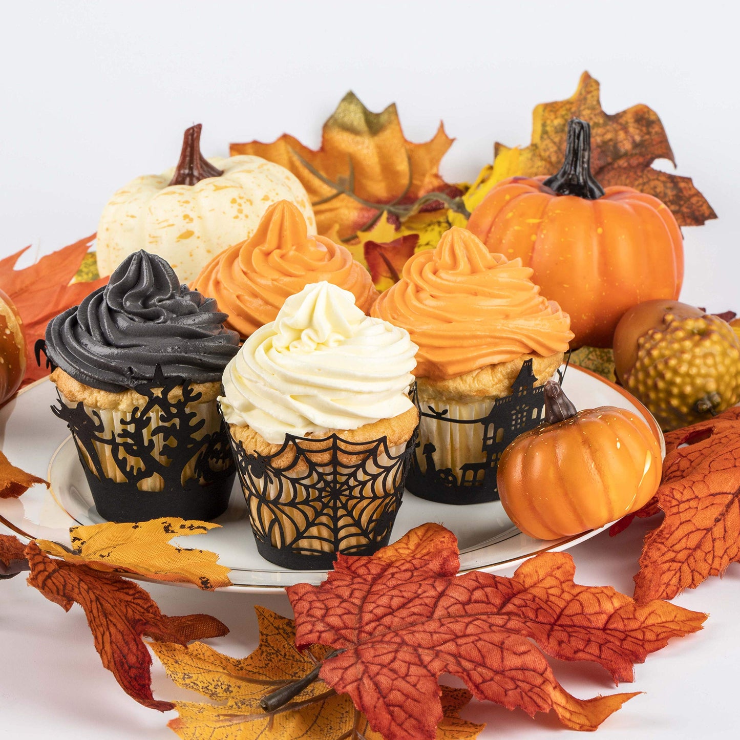 Whaline 60 Pack Halloween Cupcake Wrappers Spiderweb/Witch/Castle Laser Cut Paper Liners Holders for Halloween Party Wedding Birthday Decoration (Black)