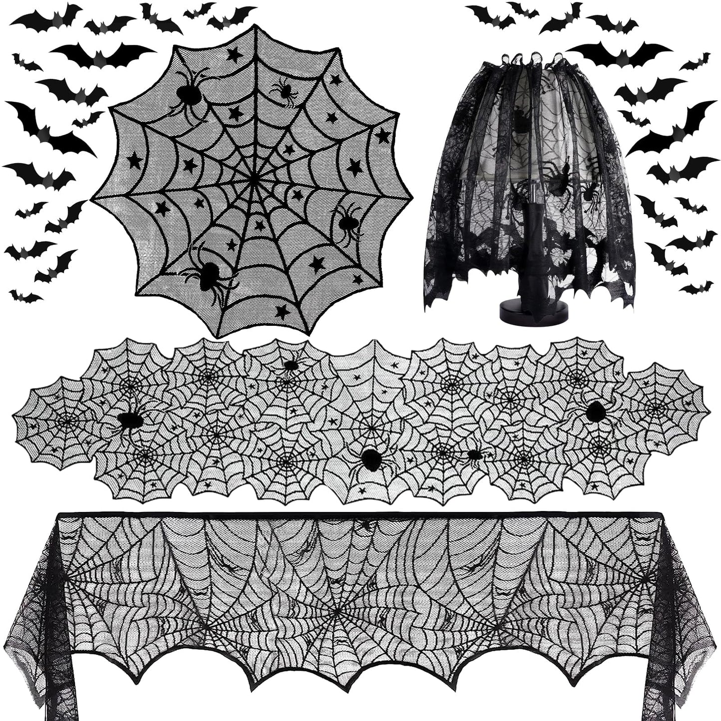 5Pack Halloween Decorations Indoor Halloween Decor Black Lace Table Runner Fireplace Mantel Scarf Round Tablecloth Cobweb Lampshade with 32 Pcs 3D Bat Wall Stickers