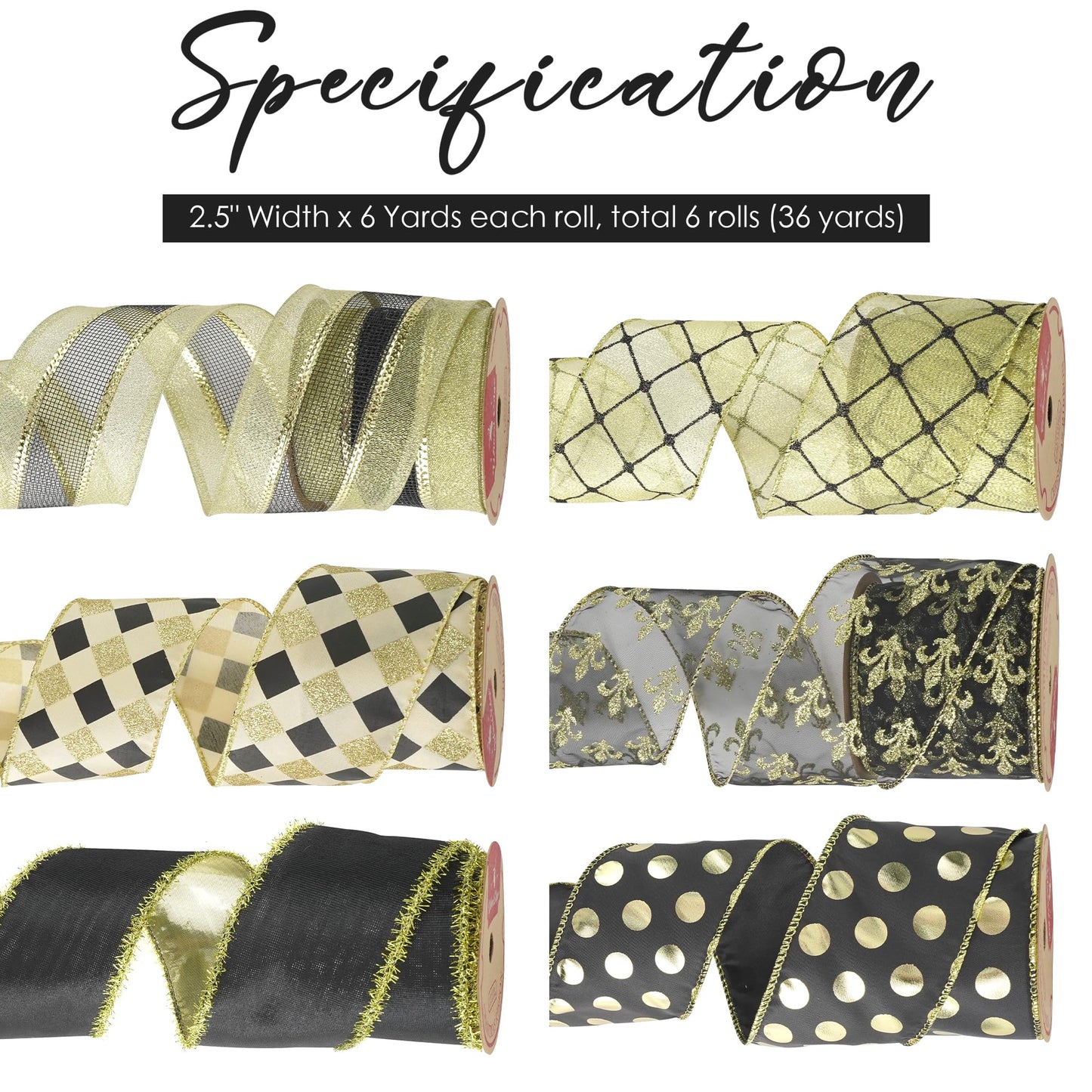 HUIHUANG Black Wired Ribbon for Christmas Tree Black and Gold Christmas Ribbons for Tree Decorations, Bows, Wreaths, Garland, Gift Wrapping, Crafts, Home Decor (2-1/2" x 6 Rolls, 36 Yds Total)