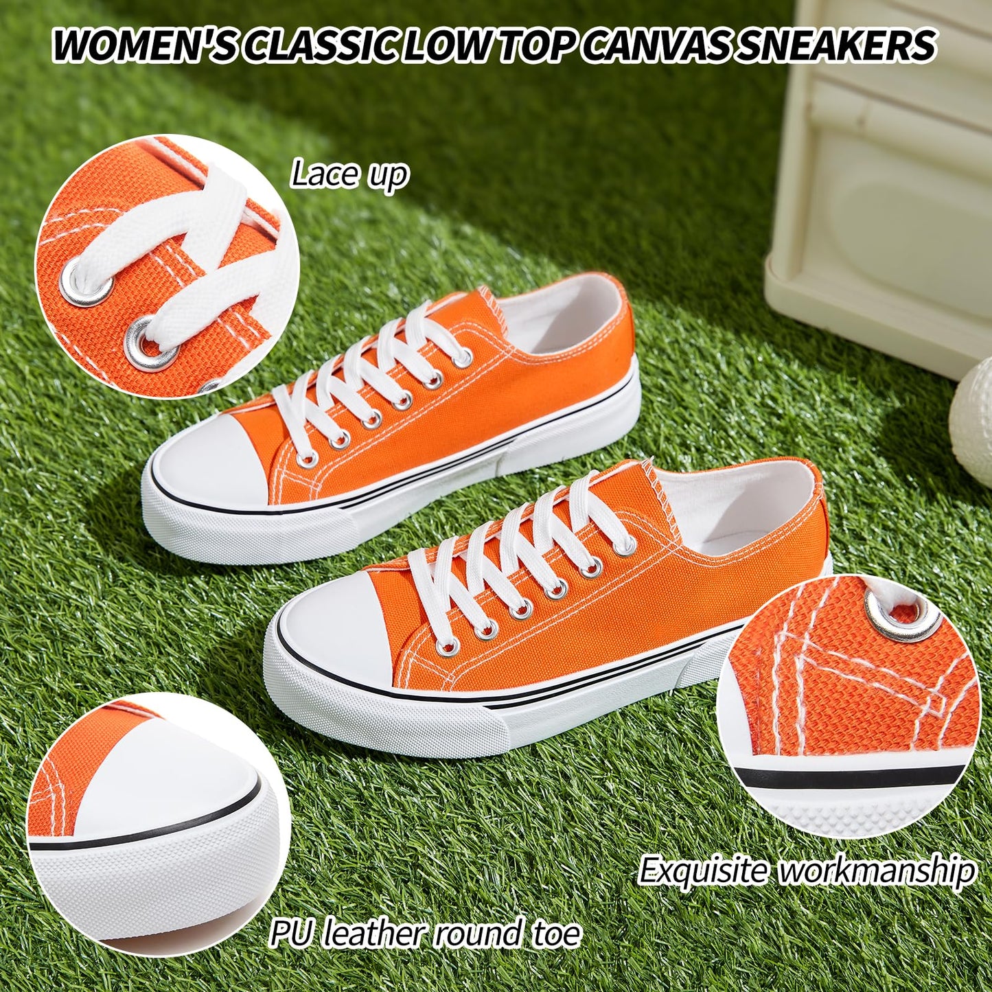 Adokoo Canvas Tennis Shoes for Women Low Top Casual White Black Sneakers for Women Lace Up Fashion Comfortable Walking Shoes (Orange,7)