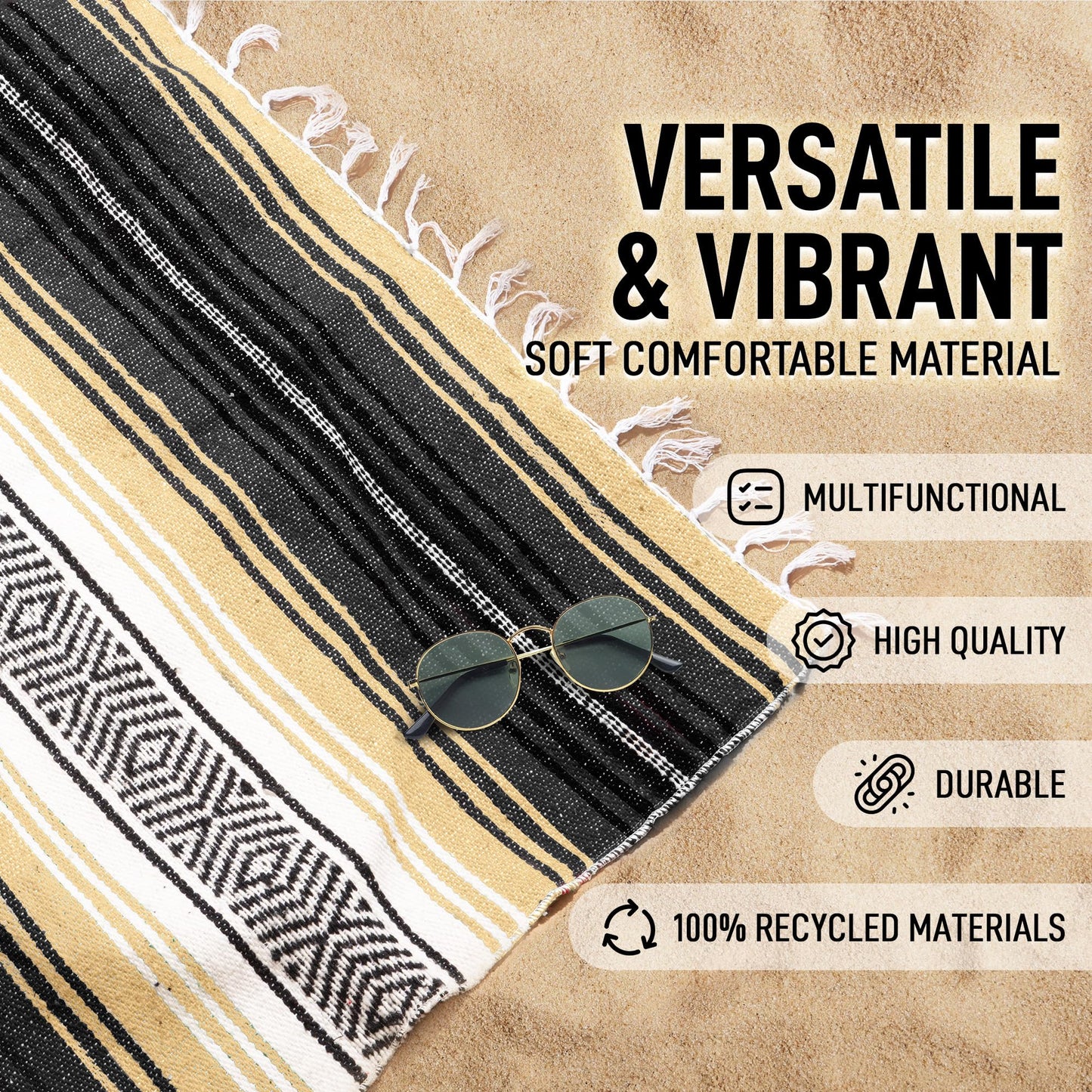 Authentic Large Handwoven Mexican Blanket - Soft Yoga Blankets - Durable Serape - Lightweight Falsa Blanket, Beach, Camping, Picnic, Equestrian Saddle, Outdoor Blankets 70"x50" - Sand