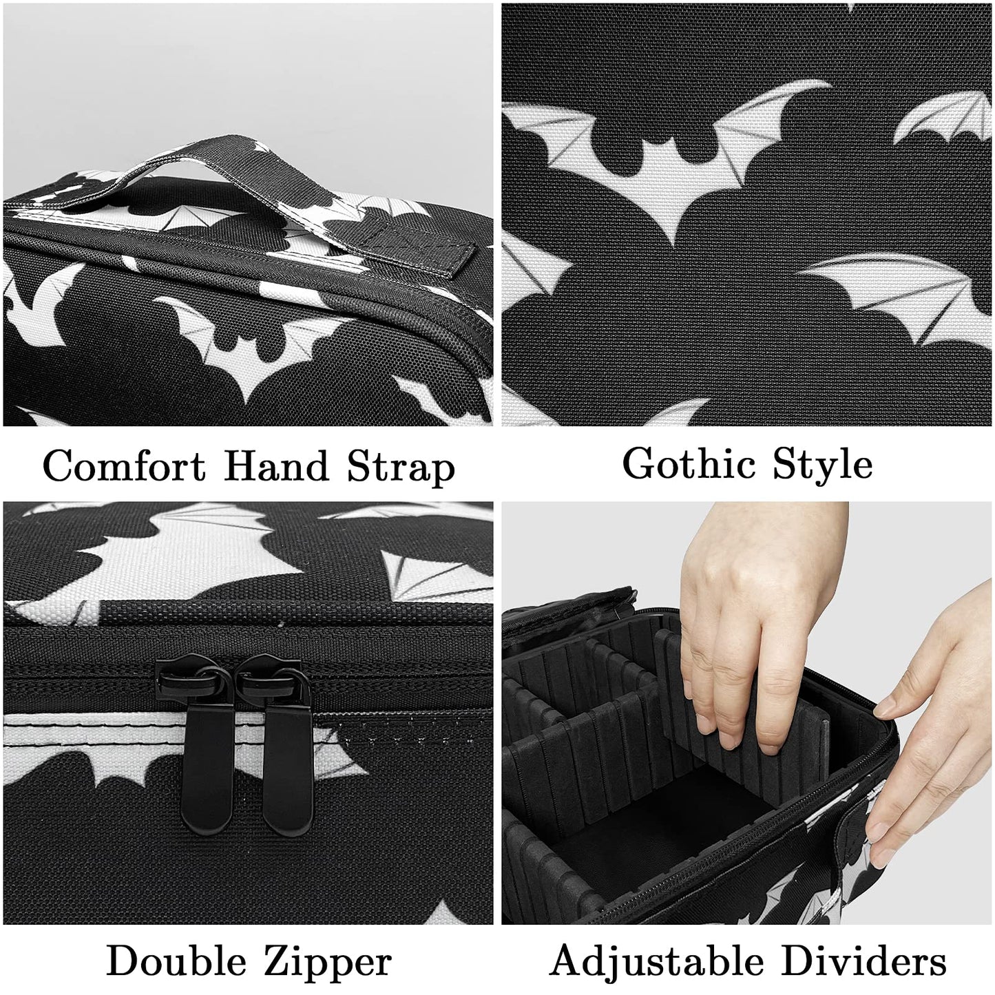 9CH Goth Makeup Organizer Bag, Halloween Makeup Bags Large Cosmetic Bag with Adjustable Dividers Portable Bat Cosmetic Case for Make up Brushes Toiletry Jewelry(Black Bats)