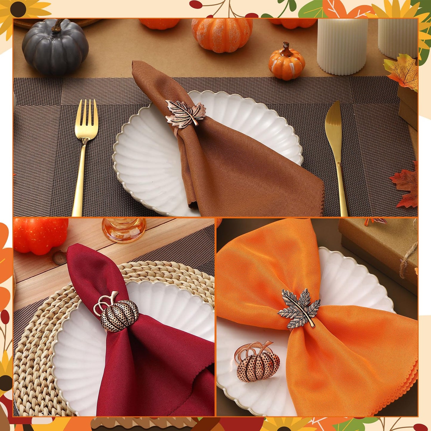 WILLBOND 12 Pcs Thanksgiving Napkin Rings Set Thanksgiving Pumpkin Leaf Themed Holders Fall Napkin Rings Alloy Design Holder Buckle for Halloween Home Party Table Decor Wedding Supplies (Copper)