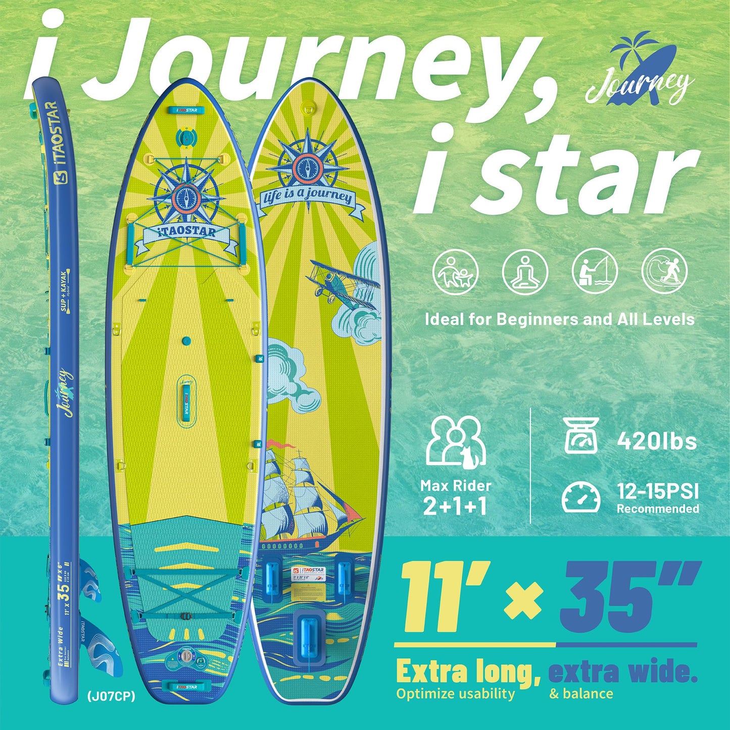 iTAOSTAR J07CP 35" Extra Wide Stand Up Paddle Board, More Balance Inflatable Paddle Board with 5 Fins for Beginner,Paddle Boards for Adults of All Skill Levels