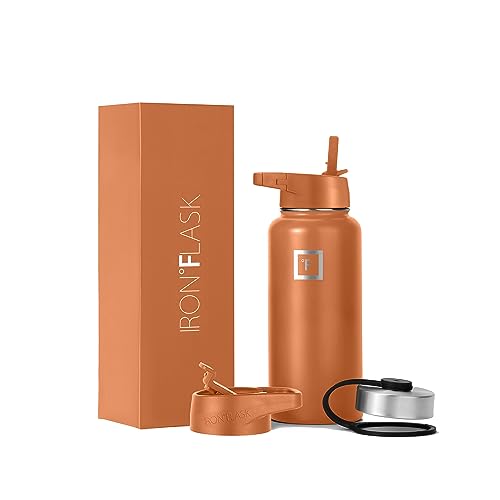 IRON °FLASK Sports Water Bottle - Wide Mouth with 3 Spout Lids - Stainless Steel Gym & Outdoor Bottles for Men, Women & Kids - Double Walled, Insulated Thermos, Metal Canteen - Clementine, 32 Oz