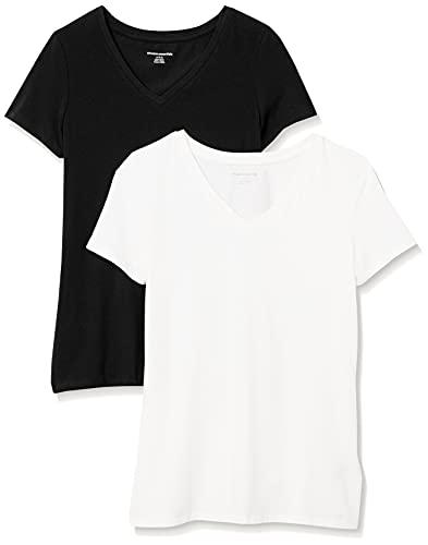 Amazon Essentials Women's Regular-Fit Short-Sleeve V-Neck T-Shirt, Pack of 2, Black/White, X-Small