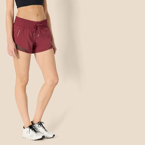 Amazon Essentials Women's Regular-Fit Athletic Ruched Waistband Woven Running Short, Ruby Red, Medium