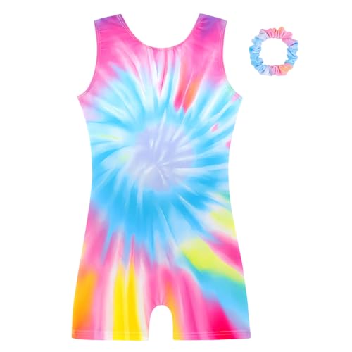 HOZIY Biketards for Girls Gymnastics 5t Leotards With Shorts Scrunchies Size 5-6 Years Kids Tie Dye Blue Pink Gold Yellow Liquid Swirl Unitard Clothes Outfits Scrunchies Rainbow