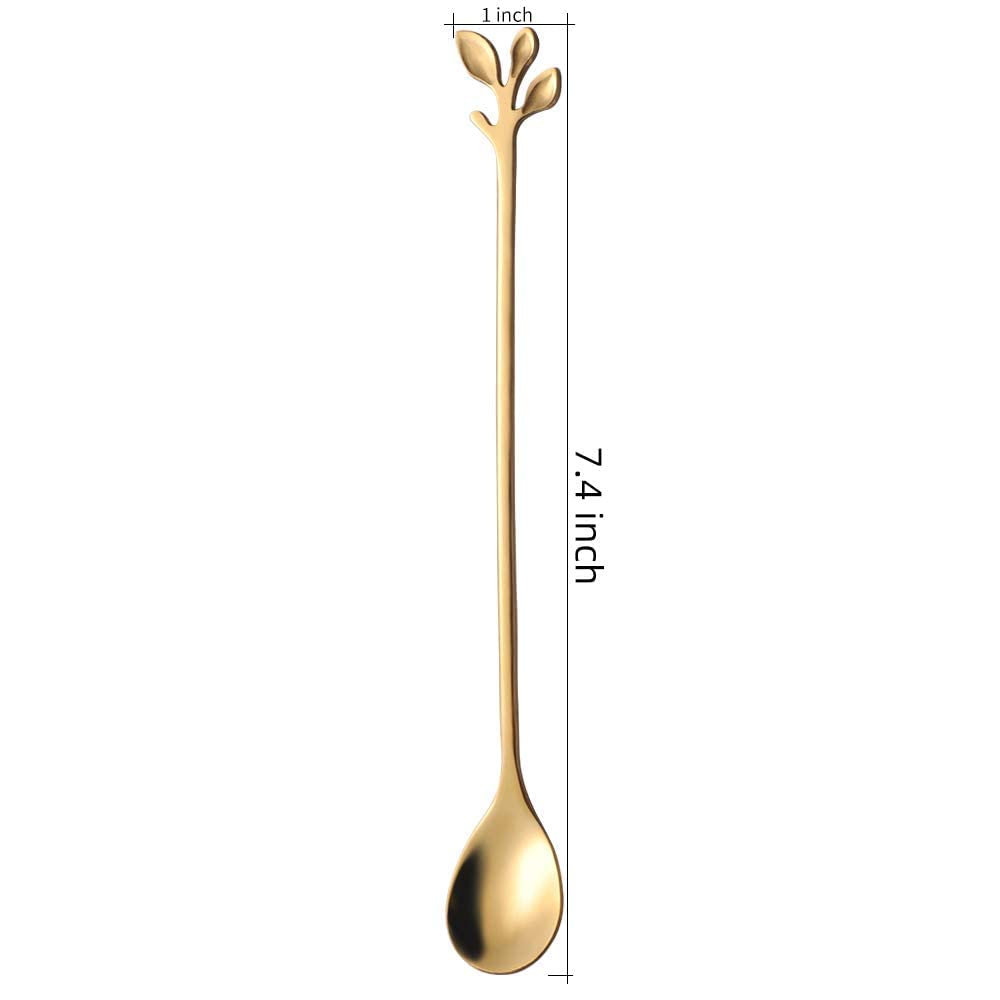 AnSaw 6-Piece Elegant Gold Leaf Long Handle Teaspoons - 7.4" Stainless Steel Stir Spoons for Coffee & Tea, Perfect for Mixing & Stirring