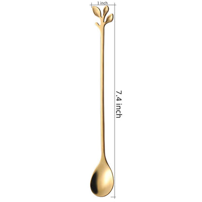 AnSaw 6-Piece Elegant Gold Leaf Long Handle Teaspoons - 7.4" Stainless Steel Stir Spoons for Coffee & Tea, Perfect for Mixing & Stirring
