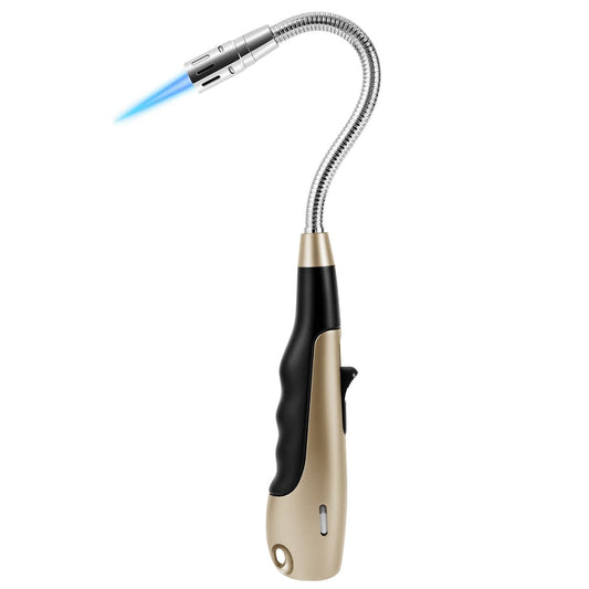 Butane Lighter Torch Long Jet Flame Windproof Lighter with Visual Fuel Window for Fireplace Kitchen Grill BBQ Camping, Gold (No Butane Included)