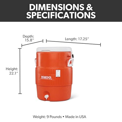 Igloo 10 Gallon Portable Sports Cooler Water Beverage Dispenser with Flat Seat Lid, Insulated Beverage Dispenser, Orange/White