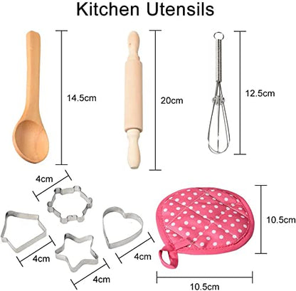 Acekid Chef Set for Kids,11pcs Kitchen Costume Role Play Kits, Girls Apron with Chef Hat,Cooking Mitt and Cookie Cutters (Rose red)