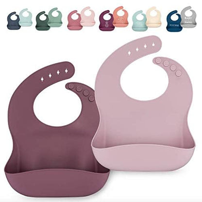 AVA + OLIVER Waterproof Silicone Bib Set with Adjustable Neck Closure - Durable Silicone Bibs for Babies - Set of 2 (Lavender)