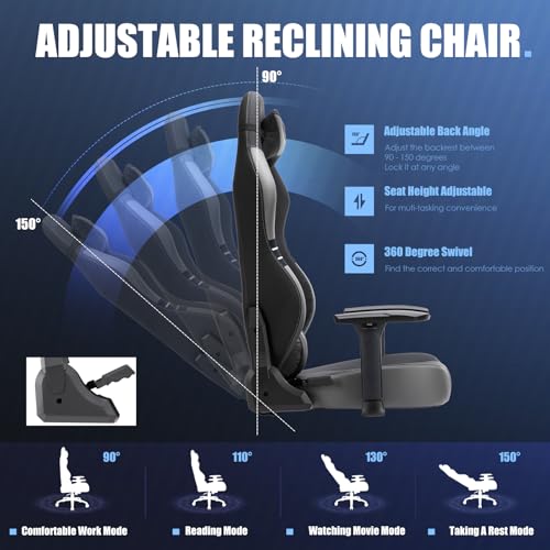 Big and Tall Gaming Chair 350lbs-Racing Style Computer Gamer Chair,Ergonomic Desk Office PC Chair with Wide Seat, Reclining Back, Adjustable Armrest for Adult Teens-Black/Grey
