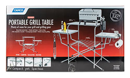 Camco Olympian Deluxe Portable Grill Table - Provides Plenty of Room for Grilling Gear While Camping - Folding Grilling Table Collapses for Compact Storage - Supports Up to 100lb (57293)