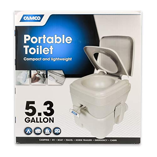 Camco 5.3-Gallon Portable Toilet - Features Detachable Holding Tank w/Sealing Slide Valve & Bellow-Type Flush - Easy Transport w/Compact Lightweight Design & Carry Handle - Gray (41541)