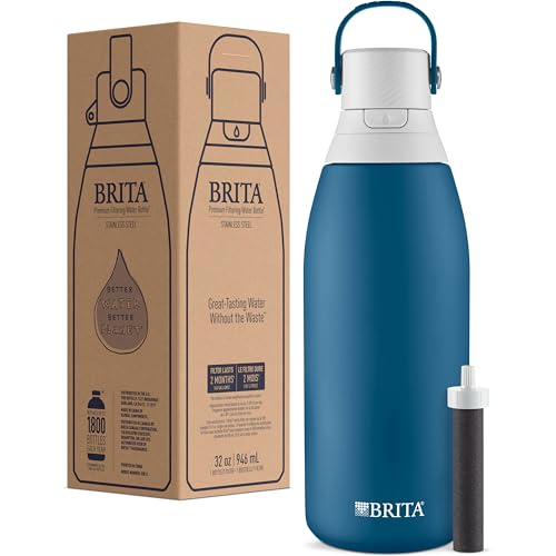 Brita Stainless Steel Premium Filtering Water Bottle, BPA-Free, Reusable, Insulated, Replaces 300 Plastic Water Bottles, Filter Lasts 2 Months or 40 Gallons, Includes 1 Filter, Marina - 32 oz