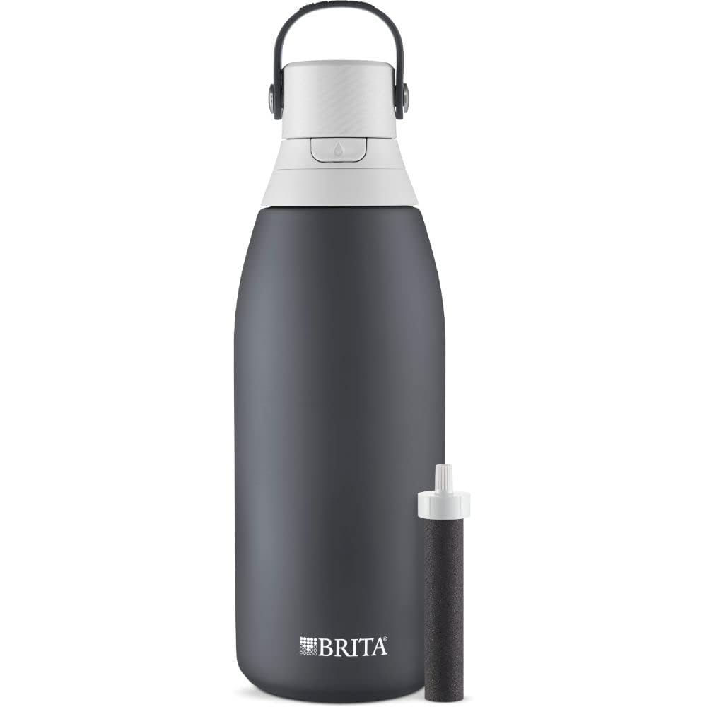 Brita Stainless Steel Premium Filtering Water Bottle, BPA-Free, Reusable, Insulated, Replaces 300 Plastic Water Bottles, Filter Lasts 2 Months or 40 Gallons, Includes 1 Filter, Carbon - 32 oz