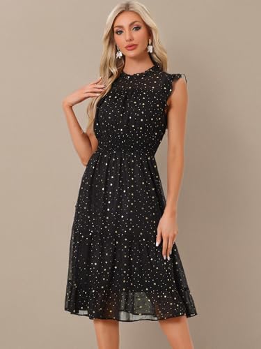 Allegra K Casual Chiffon Midi Dress for Women Halloween Sleeveless Smocked Waist Gilding Metallic Stars Party Dresses X-Large Black