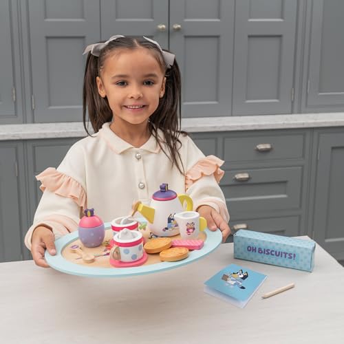 Bluey Wooden Tea Party Set – 18 PC Pretend Play Set with Tray, Teapot, Tea Cups, Biscuits, Sugar Pot, Notepad & Pencil- Durable, Eco-Friendly FSC Certified Wood – Imaginative Role Play Toy for Kids 3+