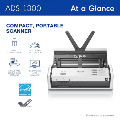 Brother ADS-1300 Compact Desktop Scanner | Scan Speeds of Up to 30ppm | Single Pass Double-Sided Scanning
