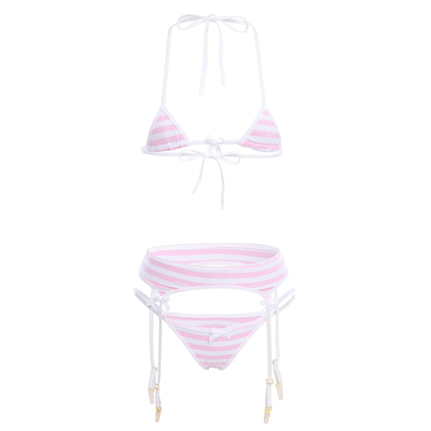 Women Cute Kawaii Lingerie set Halter Strap Micro Bra Tiny Panty Garter Belt Striped Stockings 4Pcs Underwear Swimwear Bathing Suit Pink + White Stripe One Size