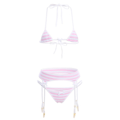 Women Cute Kawaii Lingerie set Halter Strap Micro Bra Tiny Panty Garter Belt Striped Stockings 4Pcs Underwear Swimwear Bathing Suit Pink + White Stripe One Size