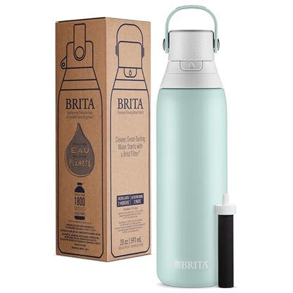Brita Stainless Steel Premium Filtering Water Bottle, BPA-Free, Reusable, Insulated, Replaces 300 Plastic Water Bottles, Filter Lasts 2 Months or 40 Gallons, Includes 1 Filter, Glacier - 20 oz