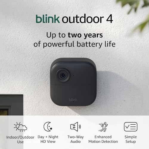 Blink Outdoor 4 (newest model), Wireless smart security camera, two-year battery, 1080p HD day and infrared night live view, two-way talk – 2 camera system