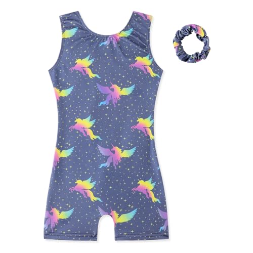 HOZIY Girls Gymnastics Leotards with Scrunchies 5t Size 5-6 Years Smoky Purple Rainbow Unicorn Biketard Tumbling Outfits Kids Stars