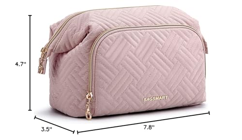 BAGSMART Travel Makeup Bag, Cosmetic Bag Make Up Organizer Case,Large Wide-open Pouch for Women Purse for Toiletries Accessories Brushes Pink