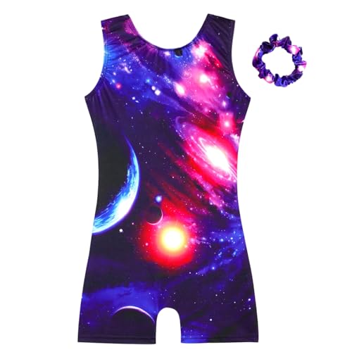 HOZIY Gymnastics Leotards for Girls 5t Size 5-6 Years Toddlers Kids Tumbling Outfits Planet Cosmos Galaxy Purple Blue Scrunchies Biketards