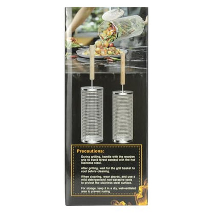 ivtivfu Rolling Grill Baskets, Removable Wooden Handle, 304 Stainless Steel, Nesting Grilling, BBQ Accessories Tools for Vegetable Shrimp, Outdoor Cooking Camping, Birthday Gifts for Men Dad Husband