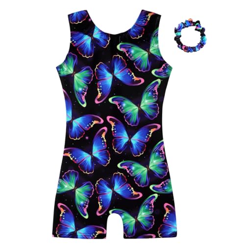 HOZIY Tumbling Outfits for Girls Leotards with Shorts Gymnastics Dance 5-6 Years Scrunchies Apparel Black Blue Green Butterfly