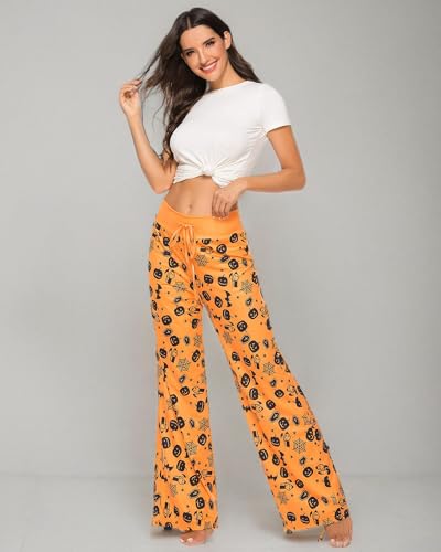 Women Halloween Pajamas Pants Ladies Pumpkin Ghost Pajama Cute Soft Lounge Bottoms Pj Pjs Jammies Fall Funny Spooky Teen Comfy Long Cozy Sleep Pant Print Orange Ghosts