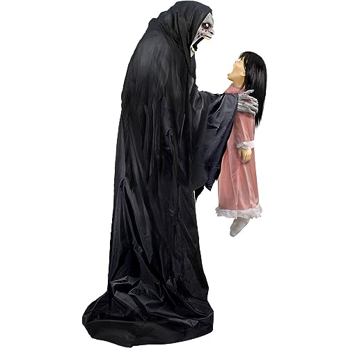 Haunted Hill Farm Soul Sucker Demon Reaper with Child by Tekky, Motion-Activated Talking Halloween Animatronic for Creepy Indoor or Covered Outdoor Halloween Decorations, Plug-in or Battery Operated