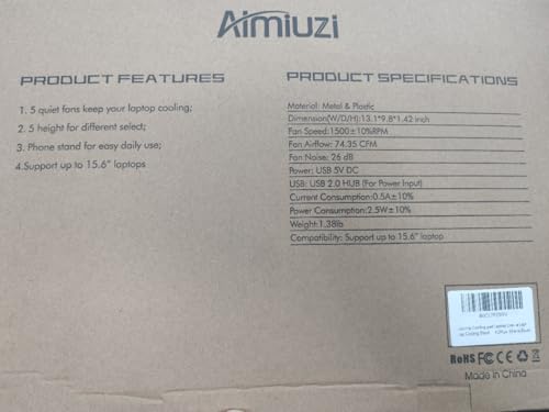 AIMIUZI Laptop Cooling Pad Laptop Cooler Stand, Laptop Fan Cooling Pad for 12-15.6 Inch Laptop Notebooks, 5 Quiet Fans, 5 Angle Adjustable Laptop Cooling Stand (Black)