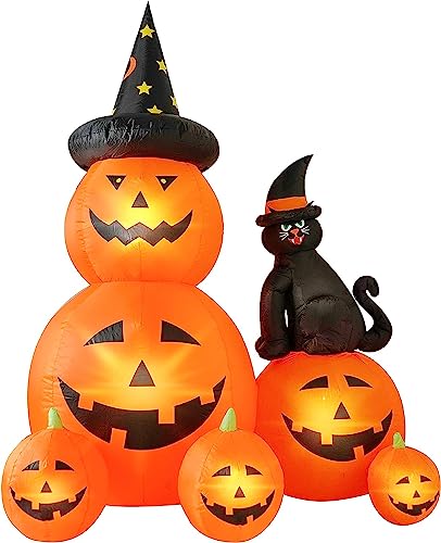 HOPOCO 6 FT Halloween Inflatable Decorations Spooky Ghost Pumpkin Lighted and Witch's Cat, Halloween Decorations Outdoor Inflatables Pumpkin Combo with Build-in LED Blow Up Inflatables for Yard Garden