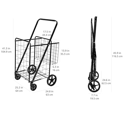Amazon Basics Foldable Shopping Utility Cart with 360-Degree Wheels, Easy Assembly, Black, X-Large