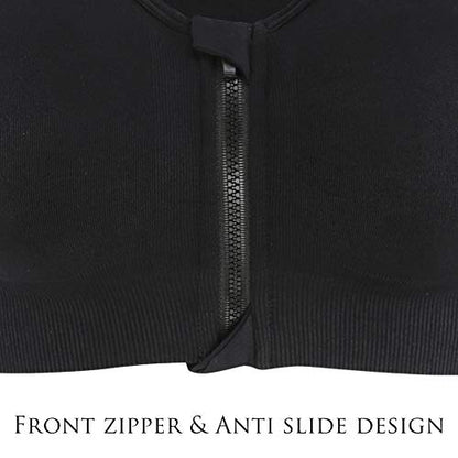 INIBUD Women's Zip Front Sports Bra Racerback Post Surgery Wirefree Seamless Removable Pads Yoga Plus Size Workout Fitness Running (Black, Small)