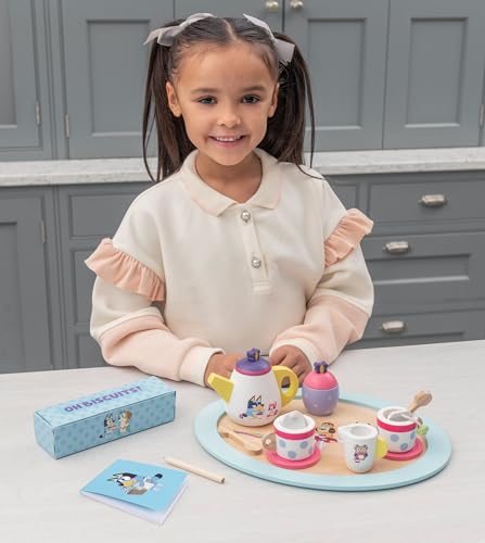 Bluey Wooden Tea Party Set – 18 PC Pretend Play Set with Tray, Teapot, Tea Cups, Biscuits, Sugar Pot, Notepad & Pencil- Durable, Eco-Friendly FSC Certified Wood – Imaginative Role Play Toy for Kids 3+