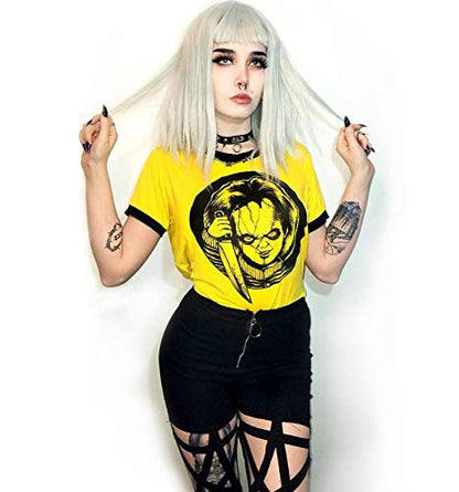 Womens Crop Tops Summer Casual Short Sleeve Goth Halloween Graphic Cropped T Shirts (Yellow Chunky Doll 008,S)