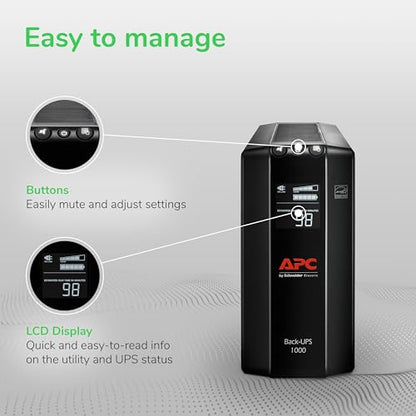 APC UPS 1000VA UPS Battery Backup and Surge Protector, BX1000M Backup Battery Power Supply, AVR, Dataline Protection